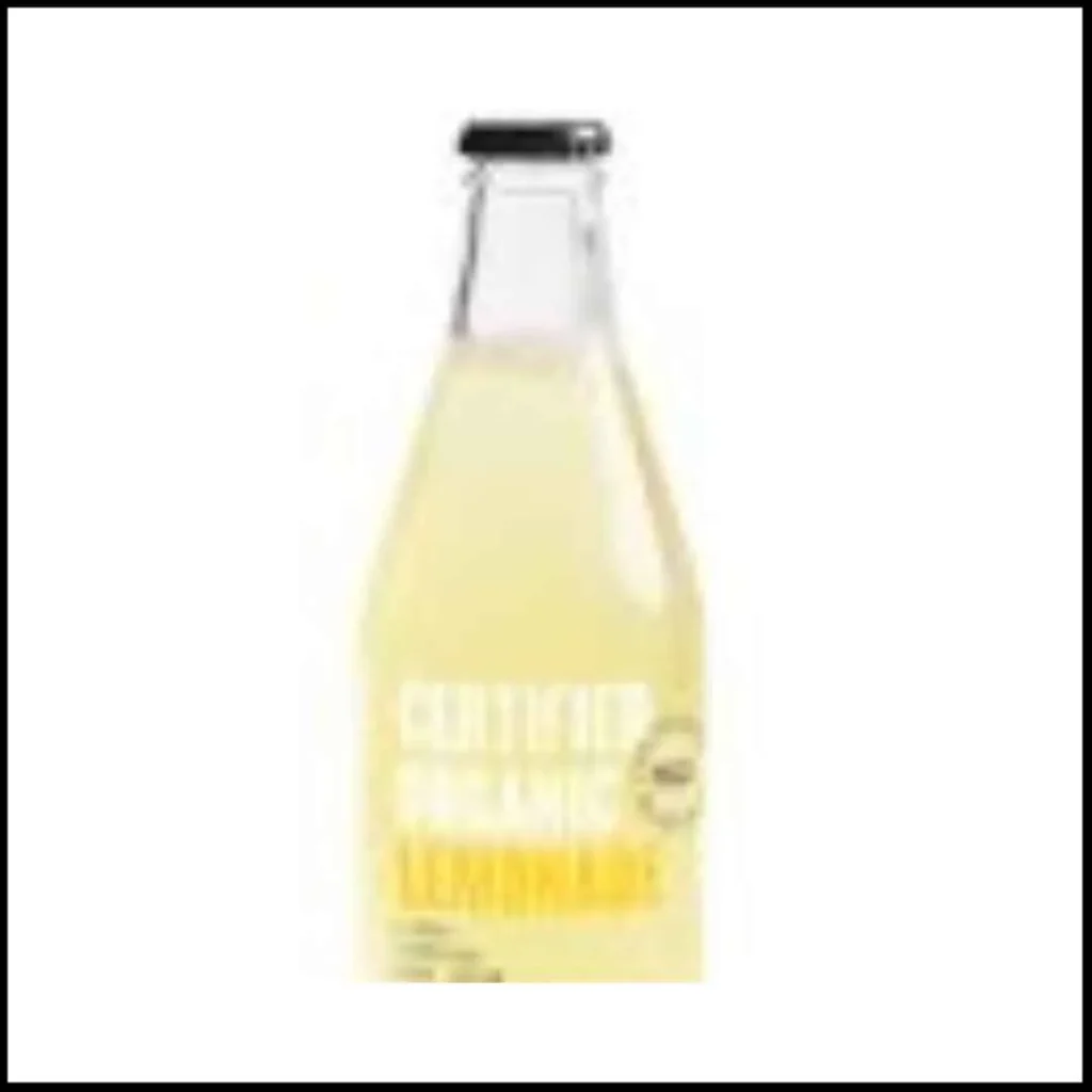 Tractor Organic Lemonade – Refreshing Certified Organic Lemonade in a Glass Bottle A clear glass bottle of Tractor Organic Lemonade with a light yellow beverage inside and a minimalist label.